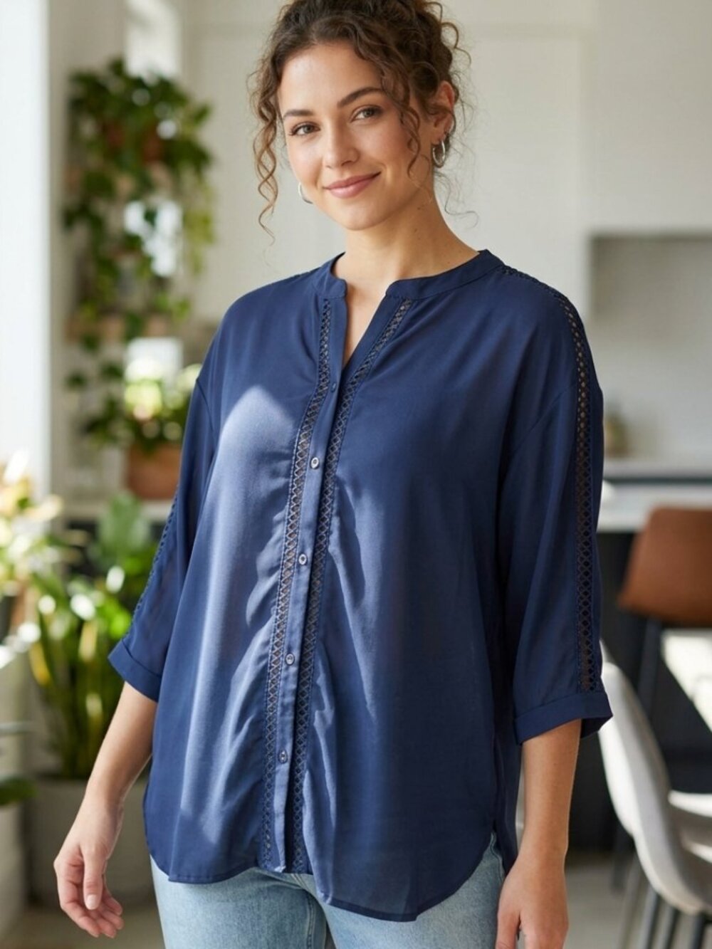 Umgee Navy Chiffon Button Down Tunic with Crochet Trim Size Small